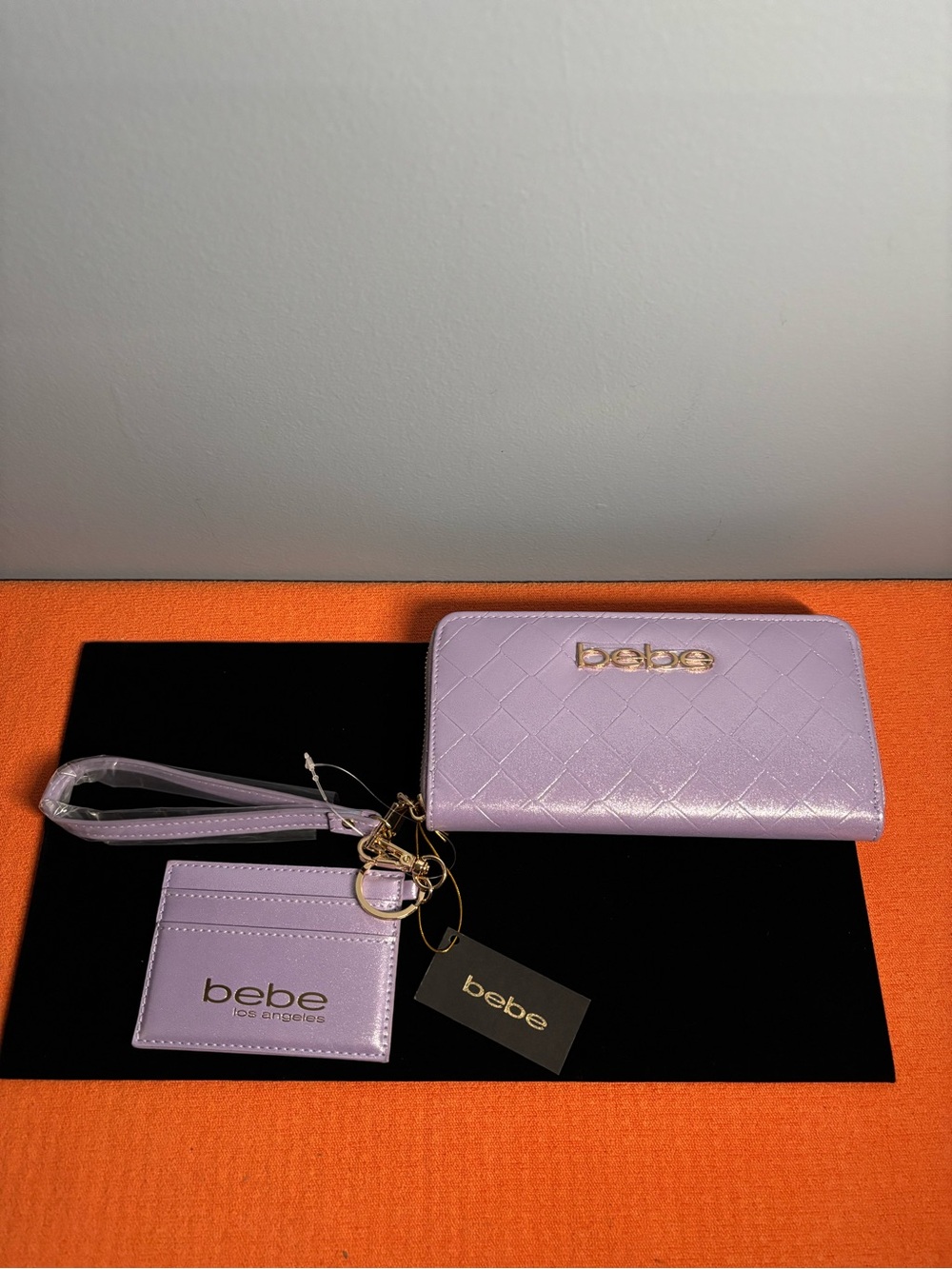 bebe Jenna Lilac Embossed Zip Wallet with Matching Card Holder & Wristlet